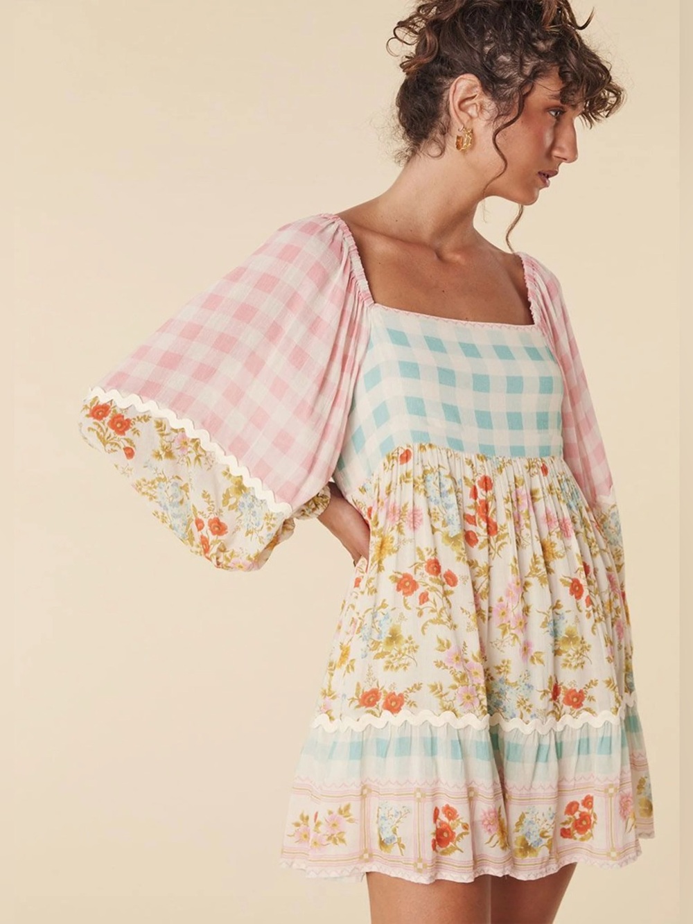 Spell Flora Pastel Gingham & Floral Square-Neck Mini Dress in Pink and Blue